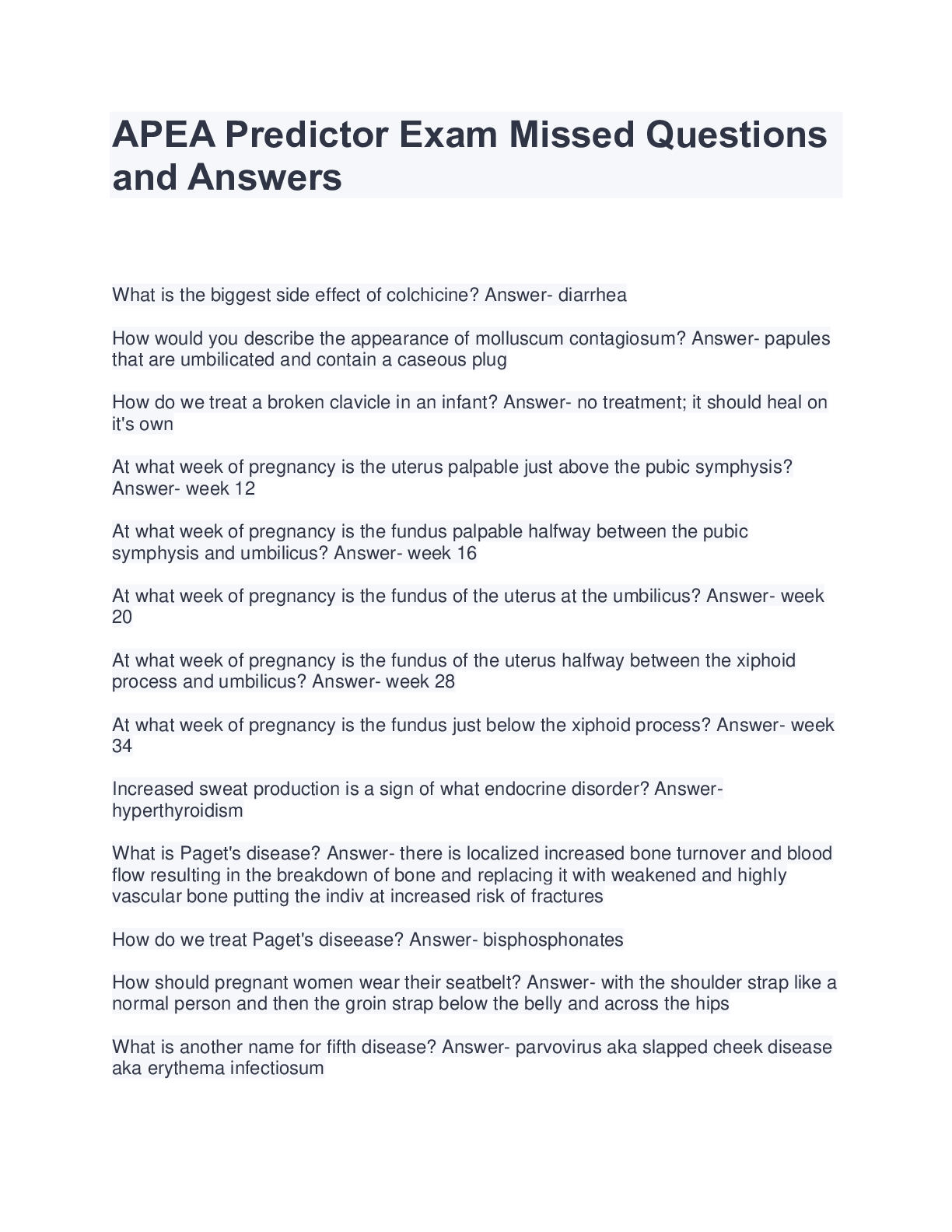 Preview image for APEA Predictor Exam Missed Questions and Answers
